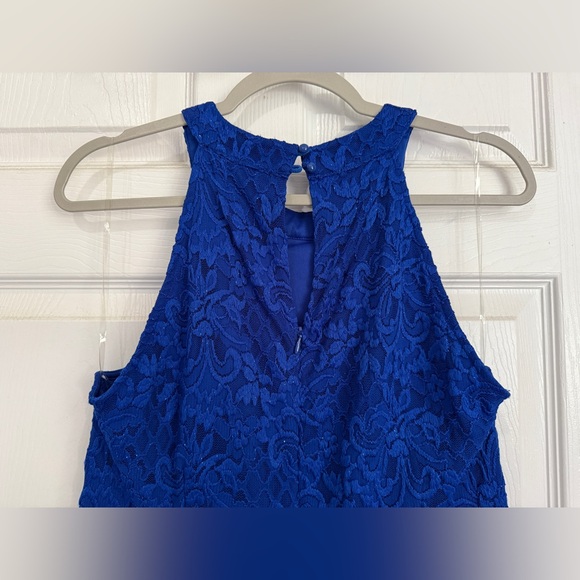 Candalite Royal Blue Lace Dress XL Formal Hi Low Maxi Sparkle All Over High Neck - Picture 7 of 16